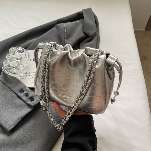 Chain Faux Crossbody Bag Drawstring Strap Leather
