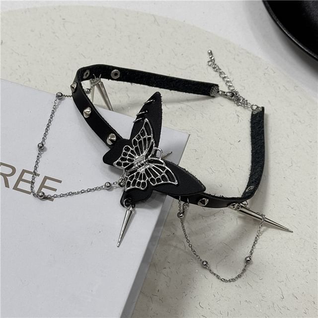 Leather / Studded Faux Alloy Choker Butterfly