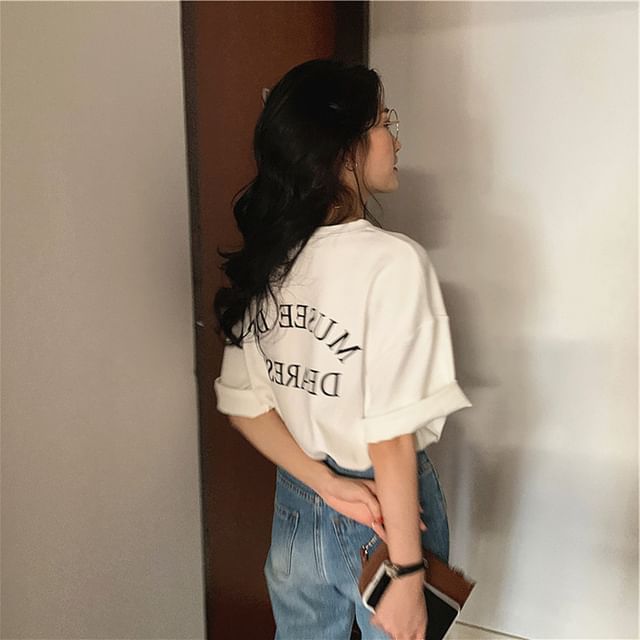 Short-Sleeve Lettering T-Shirt Crew Print Neck