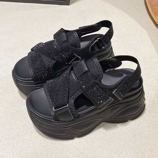 Slingback Adhesive Rhinestone Strap Sandals Platform Mesh