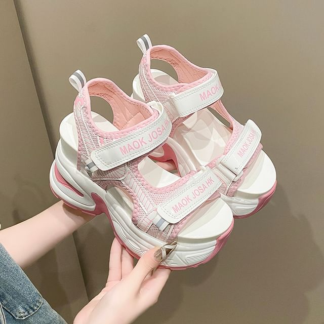 Wedge Strap Print Sandals Slingback Lettering Mesh Heel Adhesive