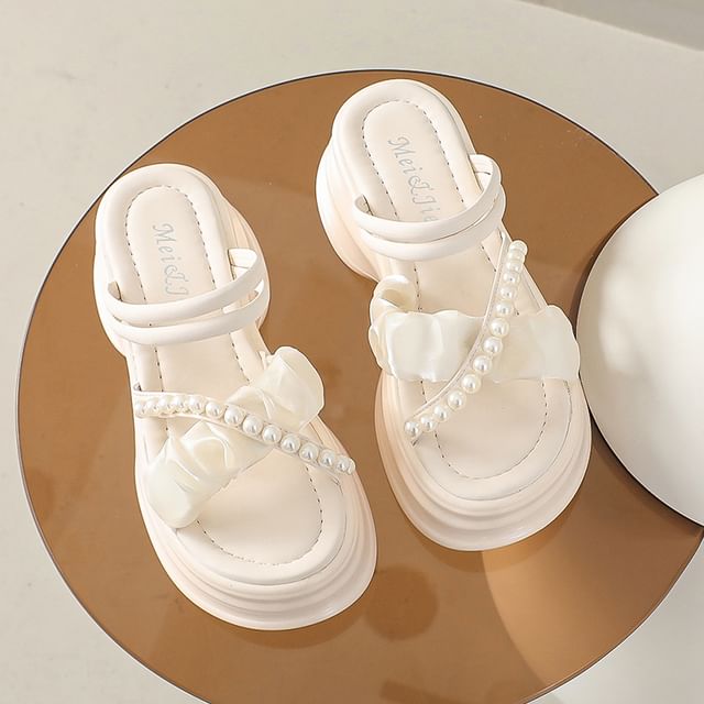 Cross Accent Platform Sandals Pearl Strap Ruched Faux