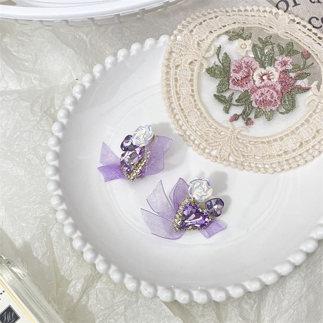 Bow Heart-Shaped Organza Rhinestone With Earrings