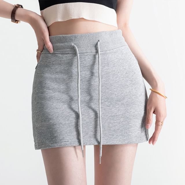 Plain Mini Skirt Waist Drawstring Pencil