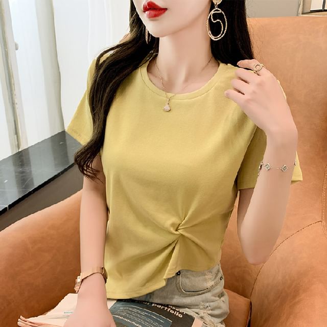 Asymmetrical Plain Short-Sleeve T-Shirt Neck Ruched Crew