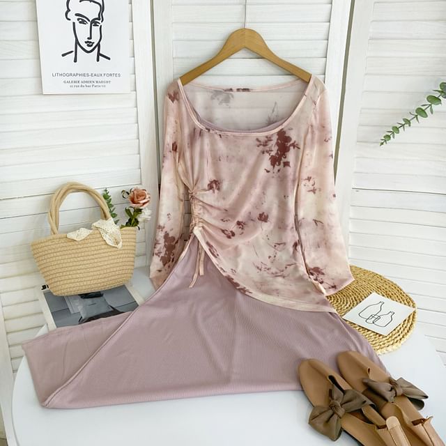 Set: Long-Sleeve Scoop Neck Tie Dye Drawstring Asymmetrical Tee + Spaghetti Strap Plain Midi Sheath Dress