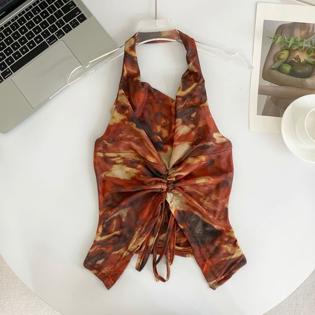 Tanktop aus Netzstoff mit Neckholder-Print und Kordelzug