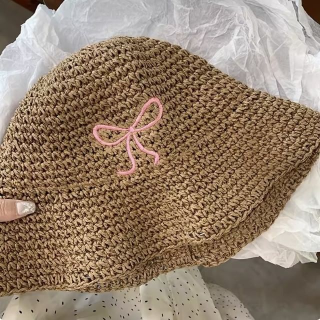 Knit Bucket Embroidered Bow Hat