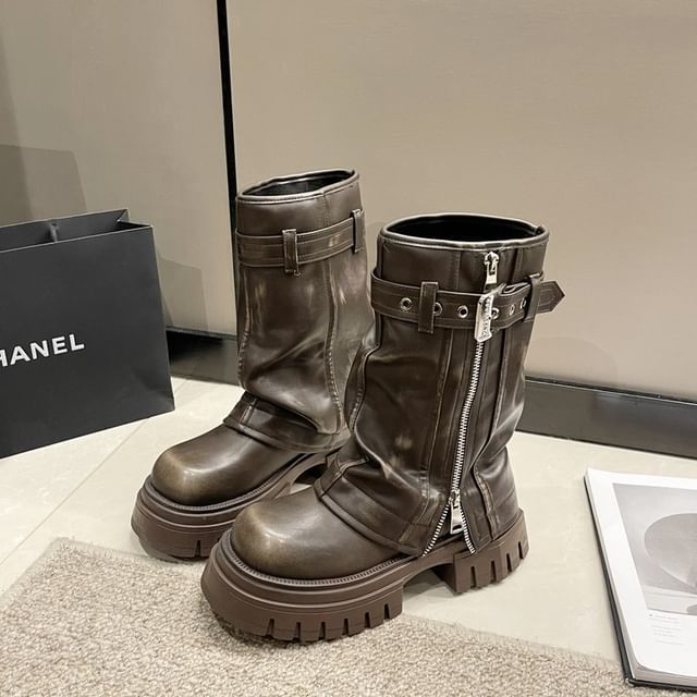 Boots Mid-Calf Chunky Platform Buckled Heel