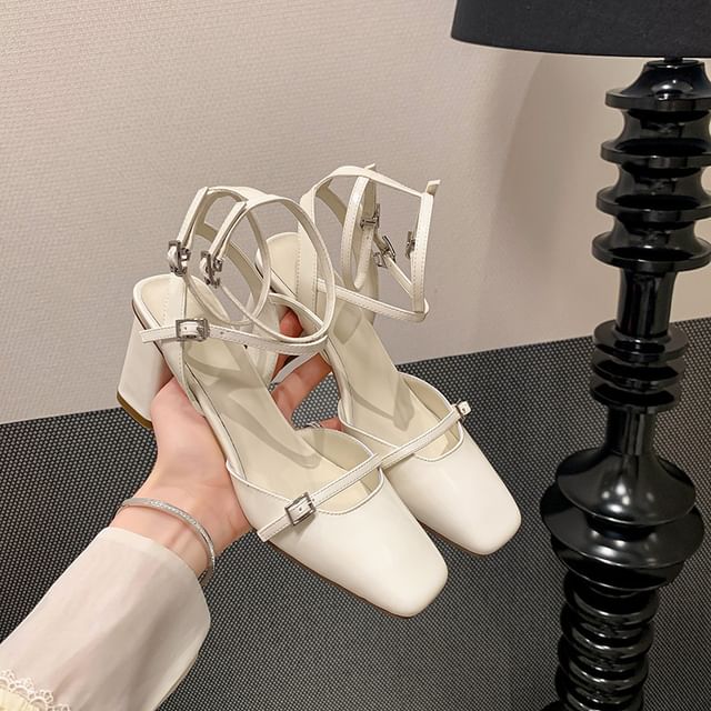 Square Top Faux Sandals Plain Chunky Buckled Heel Leather High Toe