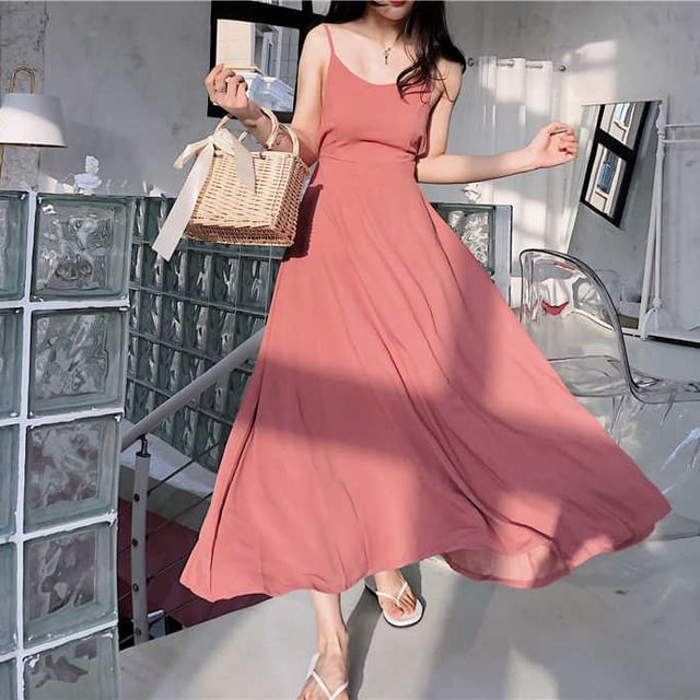 Spaghetti Plain Back Strap Sundress Open Maxi