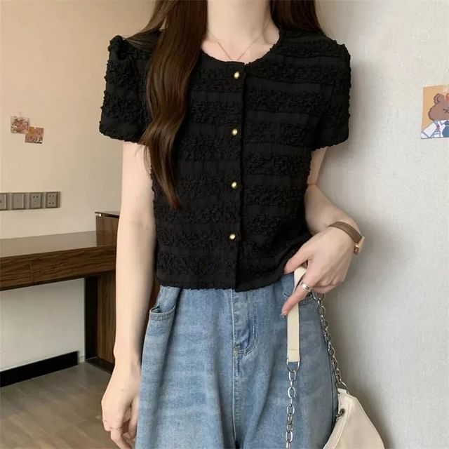 Round Neck Plain Short-Sleeve Top Button Frill