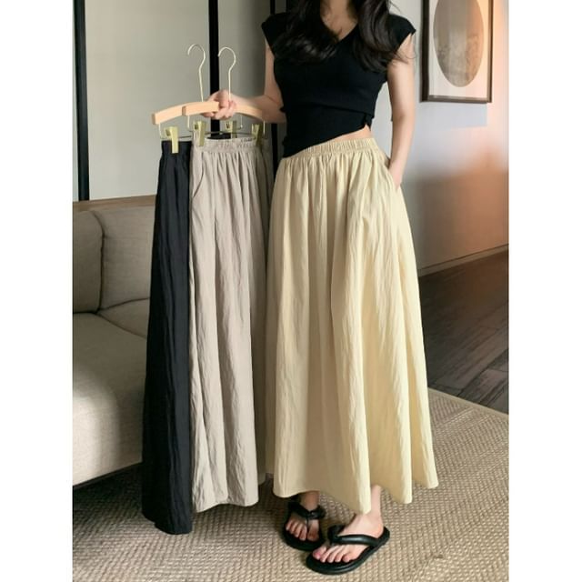Skirt Waist A-Line Plain Maxi Elastic