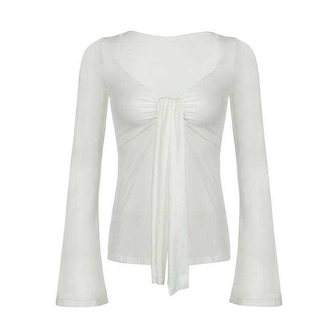 Long Top V-Neck Plain Crop Sleeve Tie-Front