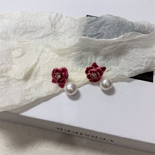 Leather Ball Earring Faux Floral Drop