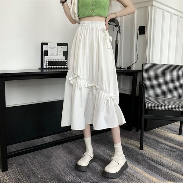 Midi Waist Plain High Skirt Bow A-Line