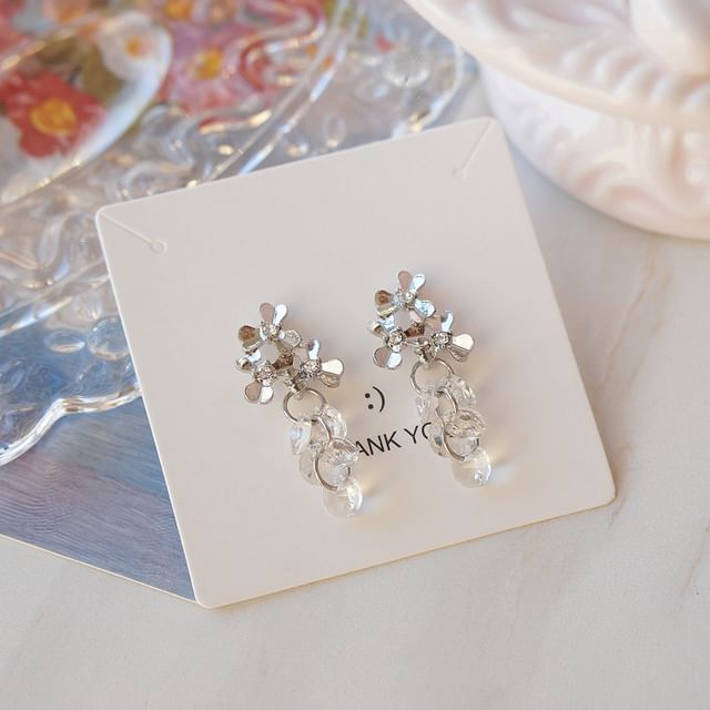 / Crystal Faux Clip-On Drop Earring Floral Rhinestone