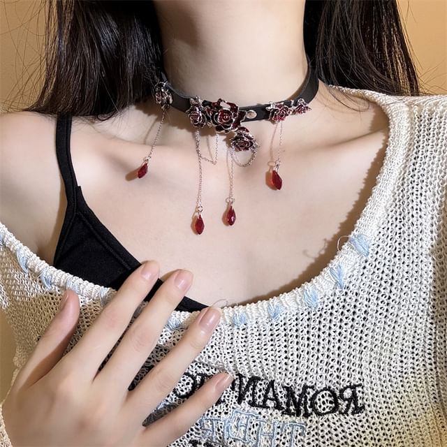 Leather Faux Choker Rhinestone