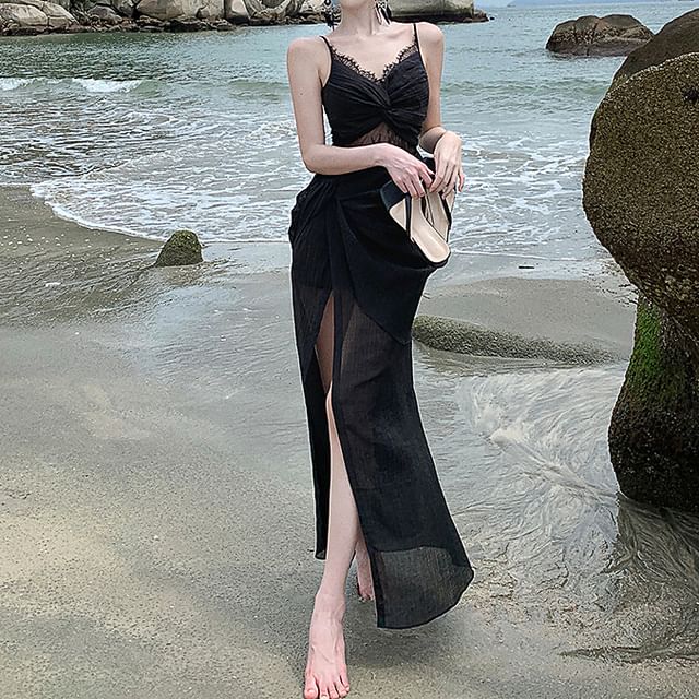 Slit Knot Dress Lace Panel Spaghetti Sheath Maxi Strap