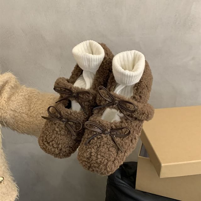 Bow Square Hidden Wedge Shoes Fleece Toe Mary Jane