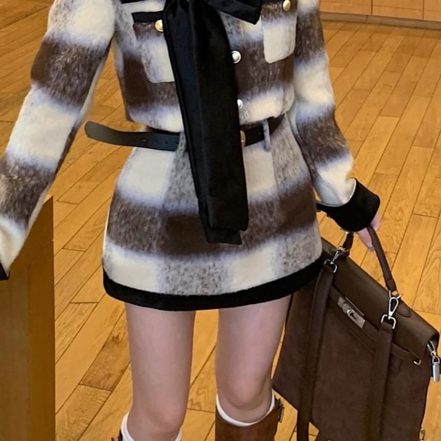 Bow Rise Accent Pencil Skirt High Crew Mini Neck / Contrast Button-Up Crop Jacket Trim Plaid