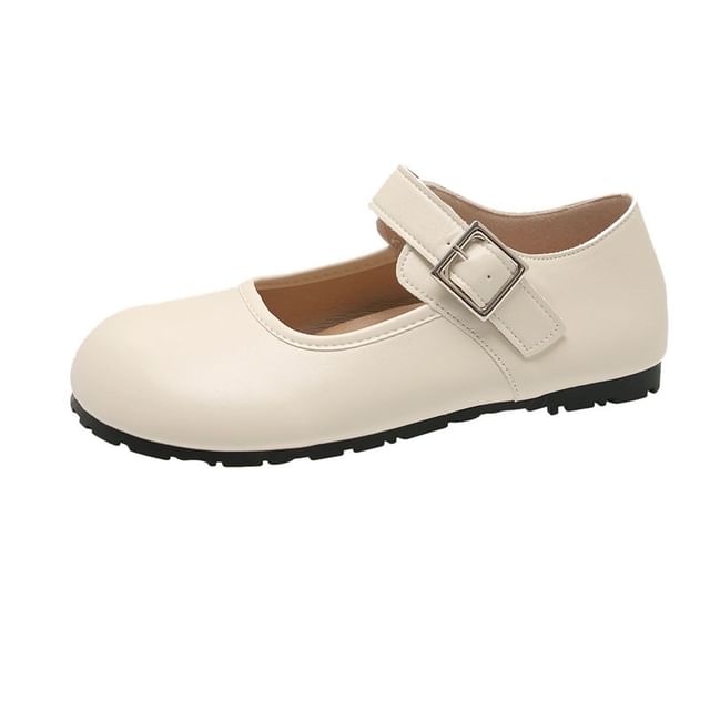 Flats Round Jane Plain Toe Mary Leather Buckled Faux