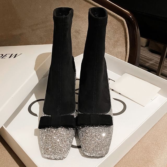 Heel Bow Short Boots Block Glitter Square Sock Toe