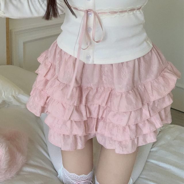 Skirt Cami / Lace Waist Open Trim Fluffy Plain Front Top Cardigan Mini Ruffle A-Line High