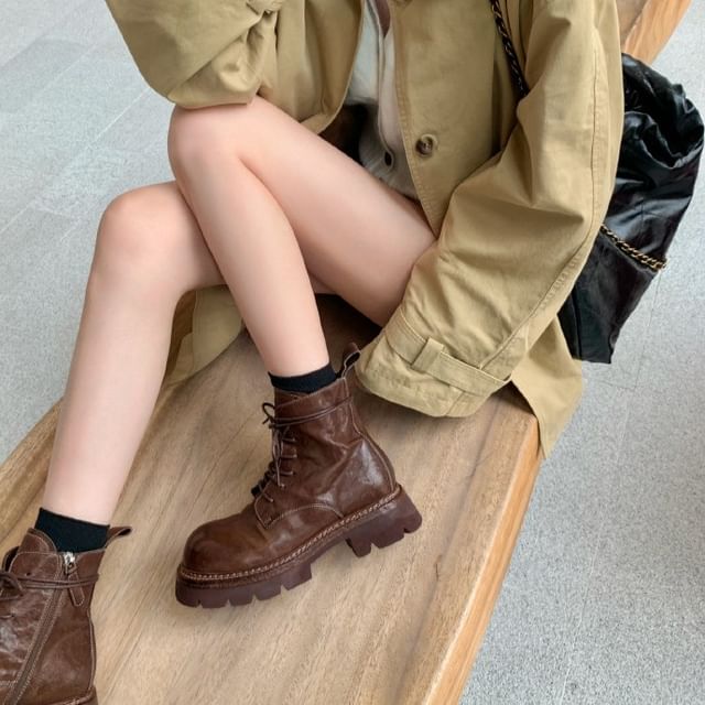 Leather Genuine Boots Lace-Up Platform Plain Short