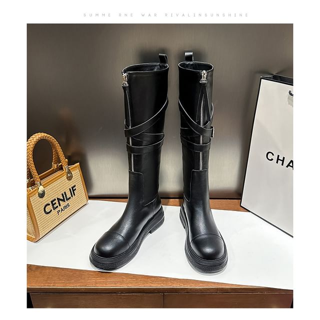 Leather Zip-Up Platform Buckled Plain Faux Boots Tall