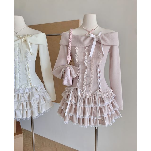 Skirt Ruffle Top Waist Long High Mini Sleeve A-Line Tiered Set: Lace Up Plain Off Shoulder + Bow