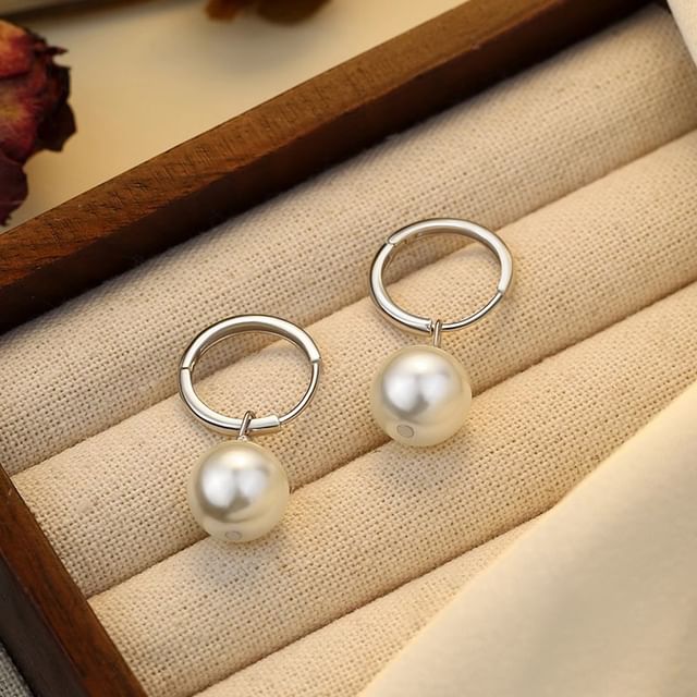 Drop Silver Earring 925 Pearl Faux Hoop Sterling