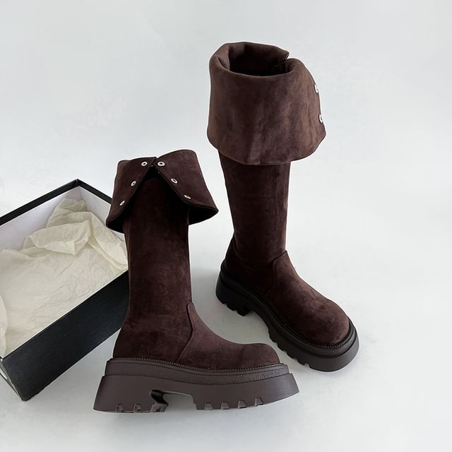 Faux Over The Buckled Knee Boots Button Suede Platform