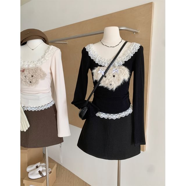 Cartoon Panel Patterned Top Sleeve Neck Scoop Long Ruffle