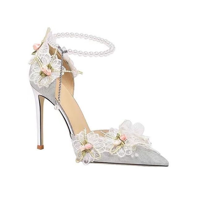 Pointed Floral Strap Faux Toe Ankle Accent Pearl Pumps D'Orsay Stiletto