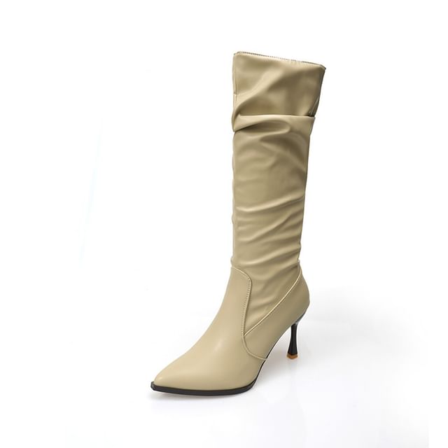 Boots Heel Tall Pointed Toe Plain Faux Leather High