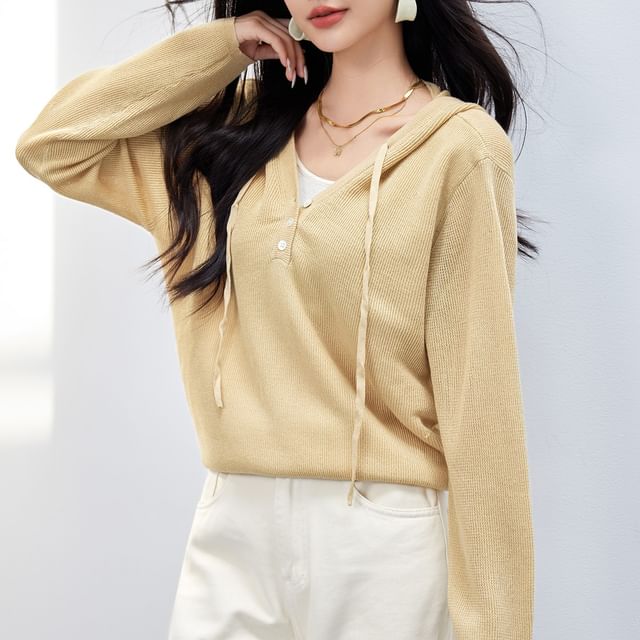 V-Neck Mock Two-Piece Tone Two Hoodie Knit