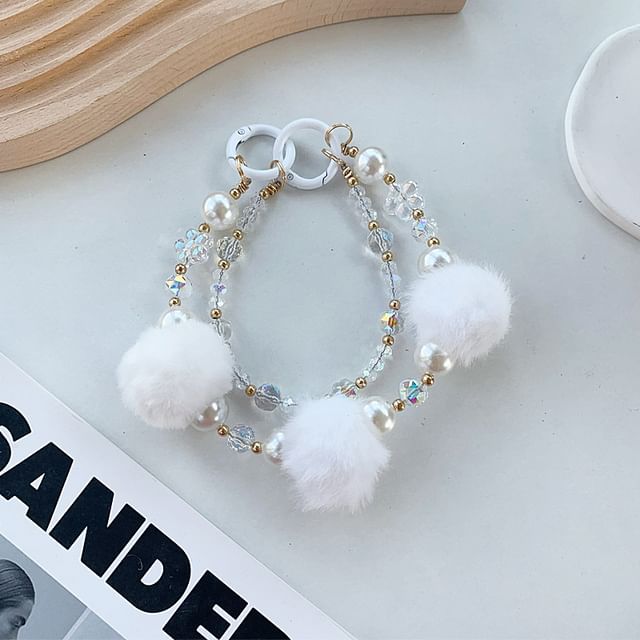 Layered Faux Pom Strap Phone Pearl