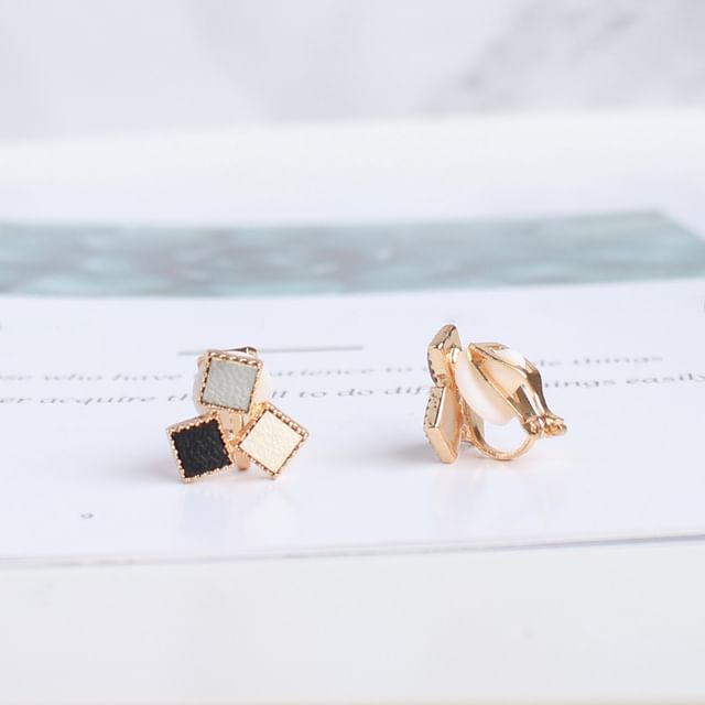 Square Alloy Earring Stud Faux Leather