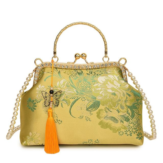 Embroidered Crossbody Bag Floral Kiss Pearl Strap Lock Tassel Faux