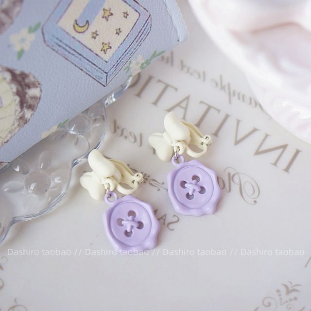 / Earring Clip-On Drop Bow Button