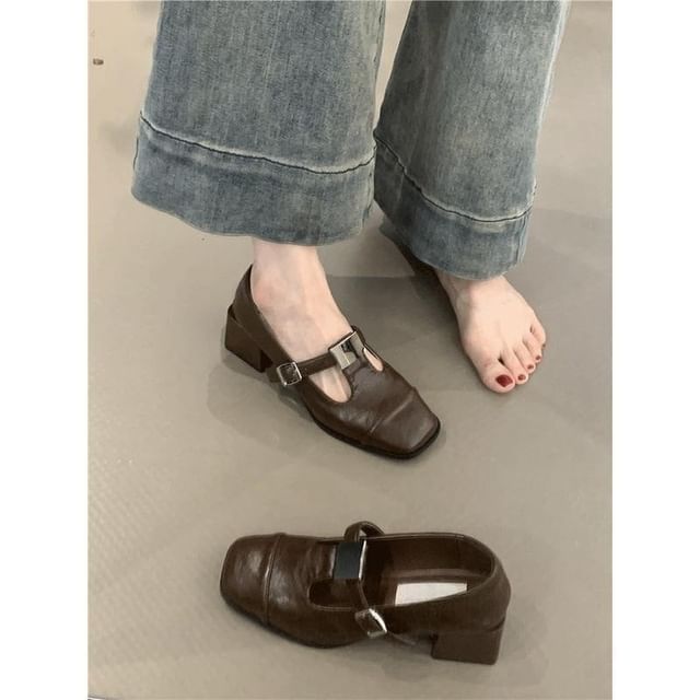 Heel Faux Plain Mary Square Leather Jane Toe Pumps Chunky T-Strap
