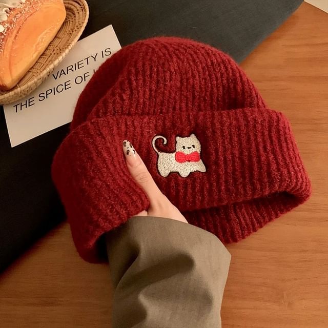 Beanie Knit Cat Embroidered