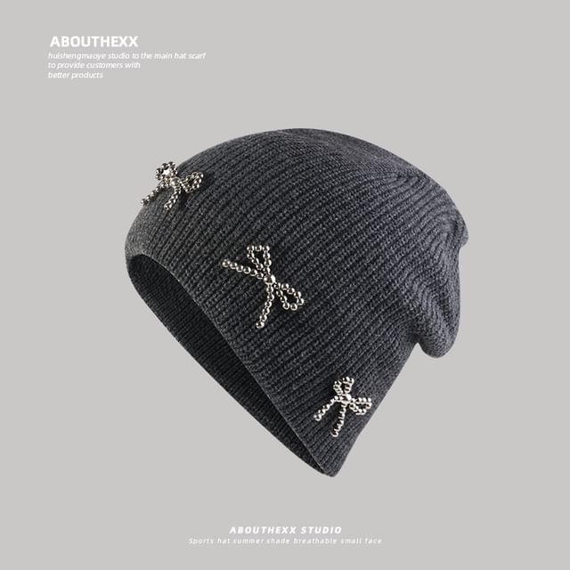Beanie Metallic Knit Studded Bow