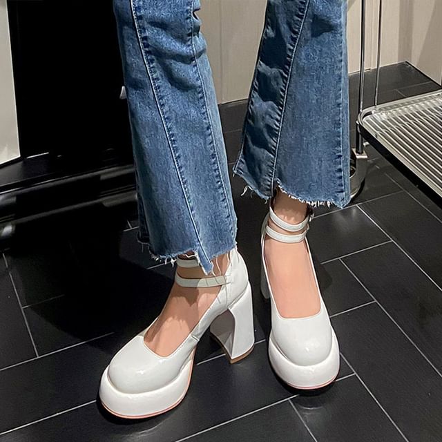 Heel Mary Toe Platform Round Chunky Pumps Jane