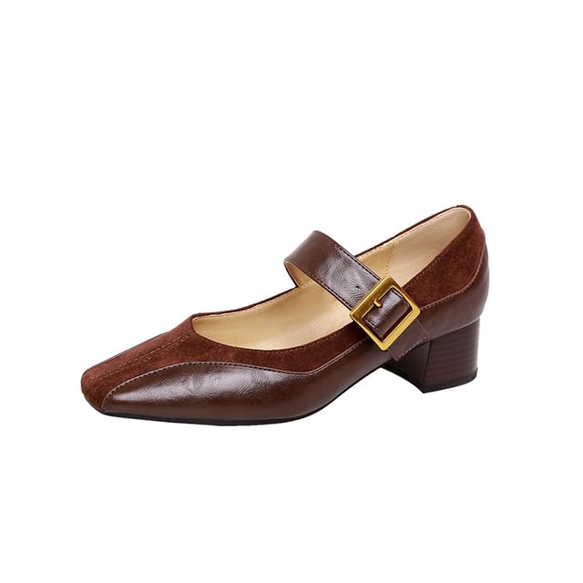 Mary Panel Heel Pumps Plain Jane Leather Chunky Buckled Faux