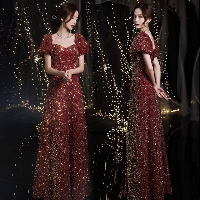 Short-Sleeve Sweetheart Neckline Sequin A-Line Evening Gown