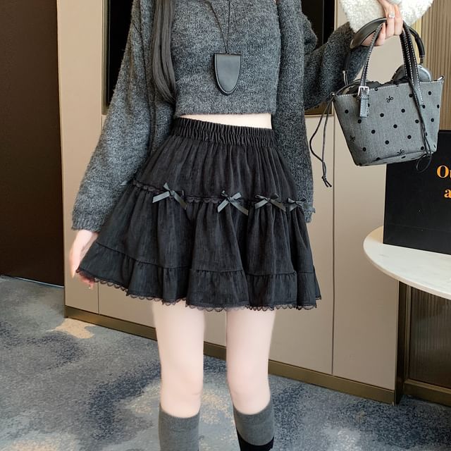 Accent High Plain Bow Trim Velvet Skirt Lace Waist A-Line Mini