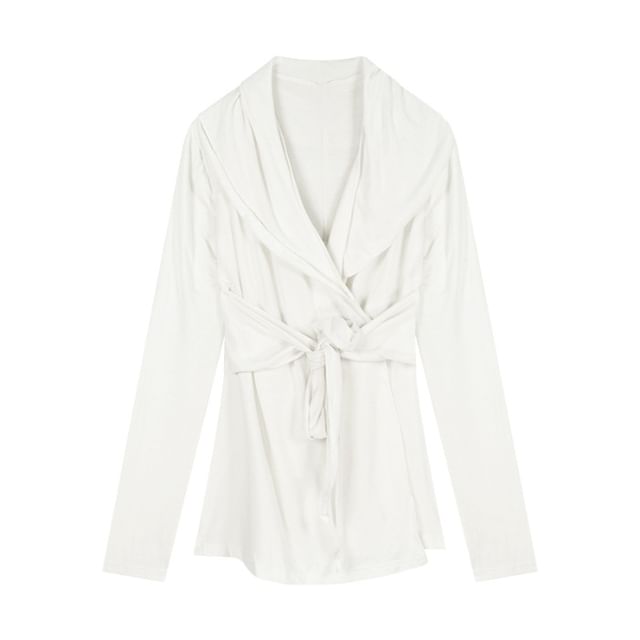 Shawl Tie Cardigan Plain Waist Collar