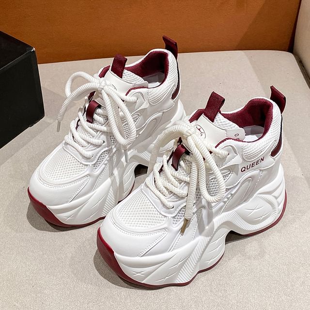 Panel Sneakers Lace-Up Hidden Mesh Wedge Faux Leather